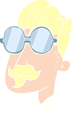 Bir insan tarafından çizilmiş bıyıklı ve gözlüklü bir adamın düz renk çizimi