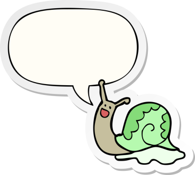 Bir insan tarafından çizilmiş konuşma kabarcığı çıkartmalı şirin çizgi film salyangozu.