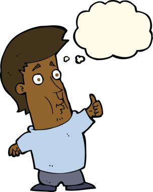 Bir insan tarafından çizilmiş düşünce baloncuğuyla baş parmak işareti yapan çizgi film adamı.