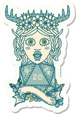 Bir insan tarafından çizilmiş 20 zarlı elf Druid karakterinin çıkartması.