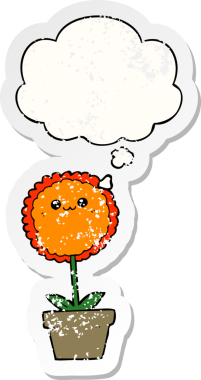 Düşünce baloncuğu olan karikatür çiçeği insan tarafından çizilmiş yıpranmış bir çıkartma gibi.