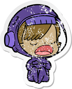 Bir insan tarafından çizilmiş sıkıntılı bir karikatür çıkartması konuşan astronot.