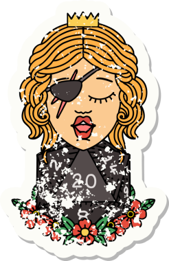 Bir insan tarafından çizilmiş doğal yirmi zarlı bir dolandırıcının grunge etiketi.