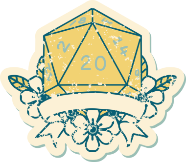 Retro Dövme Biçimi Doğal 20 kritik vuruş D20 zar bir insan tarafından çizildi