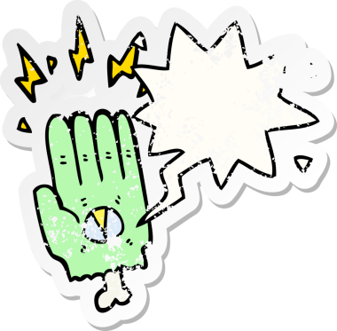 Konuşma baloncuğu olan ürkütücü cadılar bayramı zombi eli bir insan tarafından çizilmiş sıkıntılı eski bir çıkartma.