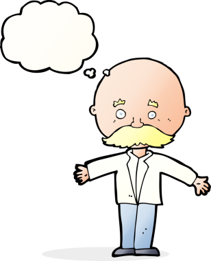 Bir insan tarafından çizilmiş düşünce baloncuğuyla açık kollu kel bir adam.