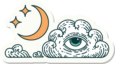 Geleneksel ay yıldızları stili dövme çıkartması ve bir insan tarafından çizilmiş bulut.