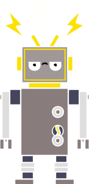 Bir insan tarafından çizilmiş arızalı bir robotun düz renk retro karikatürü