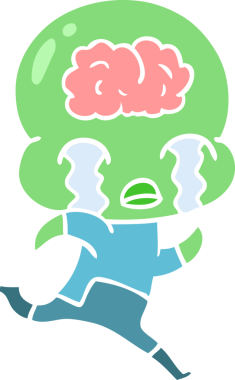 Düz renkli çizgi film. Bir insan tarafından çizilmiş büyük beyinli uzaylı ağlaması.