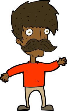 Bir insan tarafından çizilmiş bıyıklı bir çizgi film adamı.