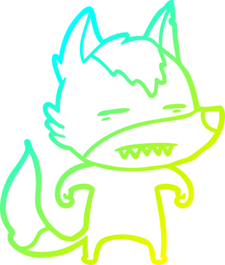 Bir insan tarafından çizilmiş dişleri gösteren çizgi bir kurt çizimi.