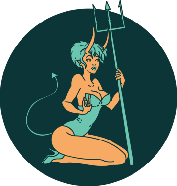 İkonik dövme stili, bir insan tarafından çizilmiş şeytan bir kızın resmi.