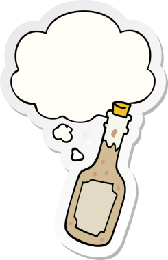 Düşünce baloncuklu bira şişesi insan tarafından çizilmiş bir çıkartma.