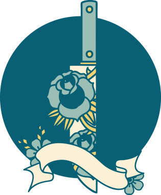 bir hançer ve bir insan tarafından çizilmiş çiçeklerle dövme stili simgesi