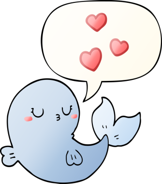 Bir insan tarafından çizilmiş tatlı çizgi film balinası konuşma baloncuğuna aşık.