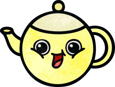 Bir insanın çizdiği çay demliğinin retro grunge desenli karikatürü.