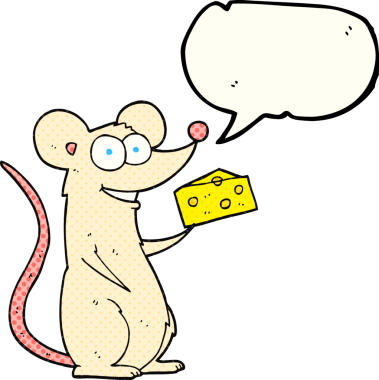 Bir insan tarafından çizilmiş peynirli çizgi roman konuşma balonu faresi.