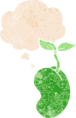 Düşünce baloncuğuyla filizlenen çizgi film tohumu grunge sıkıntılı retro desen tarzı bir insan tarafından çizilmiş