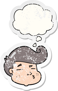 Düşünce baloncuklu çizgi film çocuğunun yüzü bir insan tarafından çizilmiş yıpranmış bir çıkartma gibi.