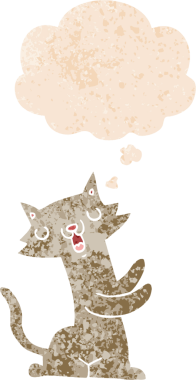 grunge 'da düşünce baloncuğu olan çizgi film kedisi bir insan tarafından çizilmiş dertli retro desenli