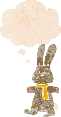 Düşünce baloncuklu çizgi film tavşanı grunge dertli eski moda bir insan tarafından çizilmiş.