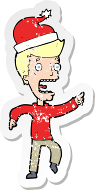 Bir insan tarafından çizilmiş Noel 'e hazır karikatürcü bir adamın gerilimli çıkartması.