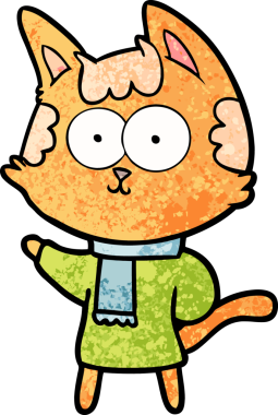 Bir insan tarafından çizilmiş kışlık giysiler içindeki mutlu çizgi film kedisi.