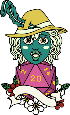 Retro Dövme Tarzı Bir insan tarafından çizilmiş 20 zarlı yarı ork ozan karakteri