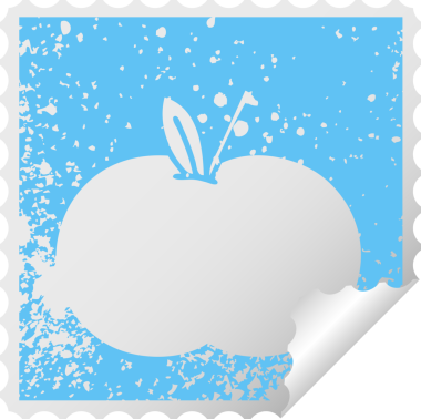 Bir insan tarafından çizilmiş sulu bir elmanın kare soyma etiketi.