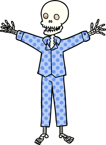 Bir insan tarafından çizilmiş pijama giymiş bir iskelet.