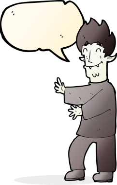 Bir insan tarafından çizilmiş konuşma balonlu heyecanlı vampir çizgi filmi.