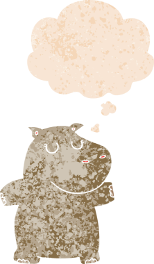 Düşünce baloncuğu olan çizgi film hipopotamları, bir insan tarafından çizilmiş sıkıntılı retro dokuma tarzıyla