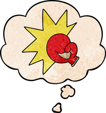 Düşünce baloncuklu boks eldiveni karikatürü bir insan tarafından çizilmiş.