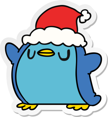 Bir insan tarafından çizilmiş kawaii pengueninin el çizimi Noel çıkartması.