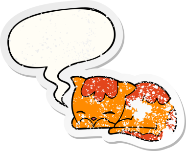 Çizgi film kedisi konuşma baloncuğuyla uyuyor. Bir insan tarafından çizilmiş sıkıntılı eski bir çıkartma.