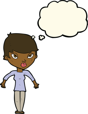 Bir insan tarafından çizilmiş düşünce baloncuğuyla omuz silken çizgi film kadını.