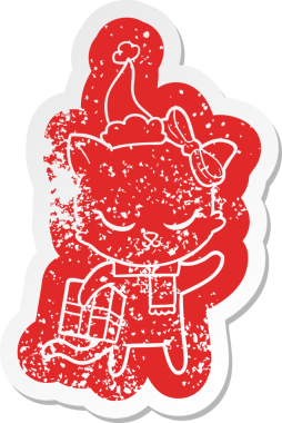 Sevimli çizgi film. Hediye almış, Noel Baba şapkası takan bir kedinin sıkıntılı çıkartması.