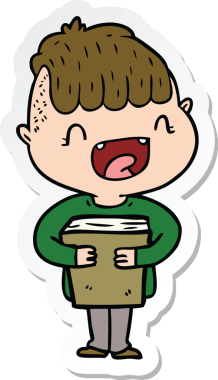 Bir insan tarafından çizilmiş yeni kitapları olan mutlu bir çocuğun çıkartması.