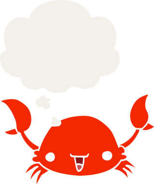 Düşünce baloncuklu karikatür yengeci insan tarafından çizilmiş.