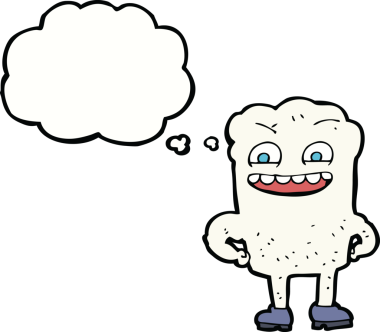 Bir insan tarafından çizilmiş düşünce baloncuklu mutlu diş çizgi filmi.