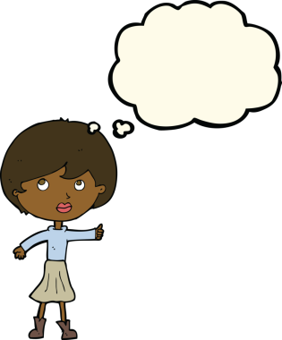 Çizgi filmdeki kadın bir insan tarafından çizilmiş düşünce balonuyla soru soruyor.