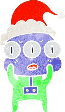Bir insan tarafından çizilmiş Noel Baba şapkası giyen üç gözlü bir uzaylının el çizimi karikatürü.