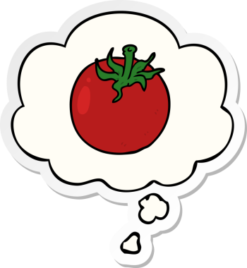 Düşünce baloncuklu çizgi film domatesi insan tarafından çizilmiş bir çıkartma.