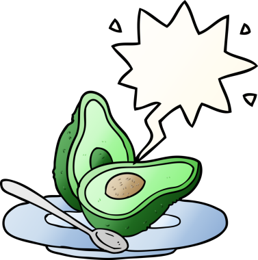 Bir insan tarafından çizilmiş, konuşma baloncuklu, yarım yamalak bir avokado çizgi filmi.