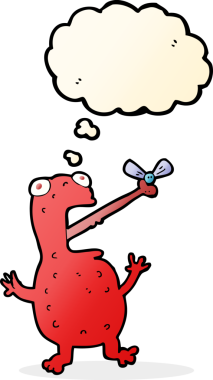 Bir insan tarafından çizilmiş düşünce baloncuğuyla sinek yakalayan zehirli kurbağa çizgi filmi.