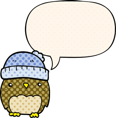 Bir insan tarafından çizilmiş çizgi roman tarzında konuşma balonu olan şapkalı sevimli bir baykuş.