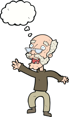 Çizgi film, bir insan tarafından çizilmiş düşünce balonuyla korkmuş yaşlı bir adam.