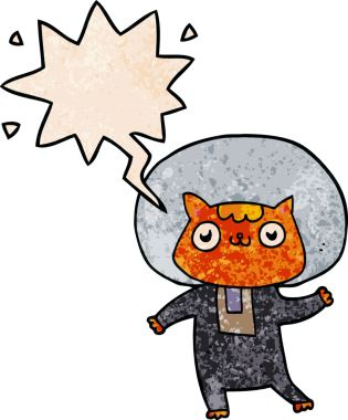 bir insan tarafından çizilmiş eski moda konuşma baloncuklu çizgi film uzay kedisi