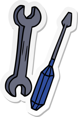 Bir İngiliz anahtarı ve bir insan tarafından çizilmiş bir tornavida karalaması.