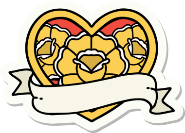 Geleneksel kalp stili dövme çıkartması ve bir insan tarafından çizilmiş çiçekli pankart.